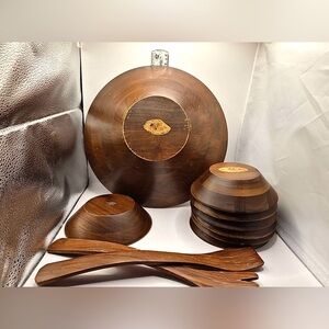 Wood Salad Serving Bowl Set 8 Bowls & Wooden Utensils Vermillion Real Walnut MCM
